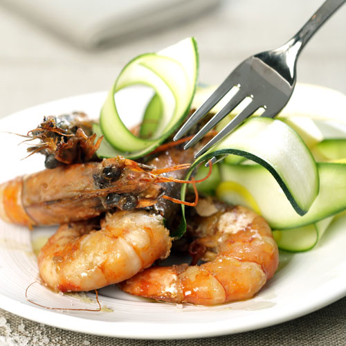 Gambas-a-la-plancha (shrimp grilled on a griddle) in teriyaki sauce