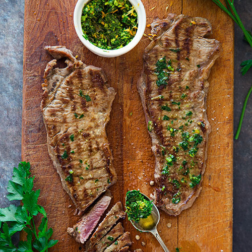 Grilled Beef with Green Peppercorns and Spicy Herb Gremolata