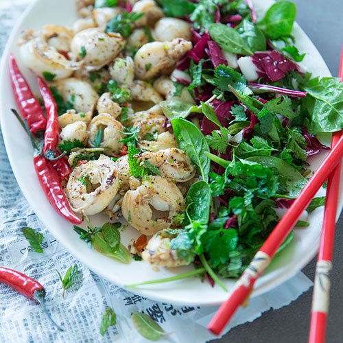 Supions with garlic, herb salad