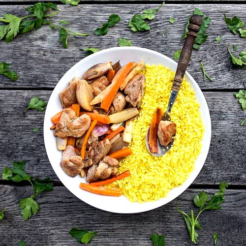 Roasted chicken with crunchy vegetables and a mushroom couscous